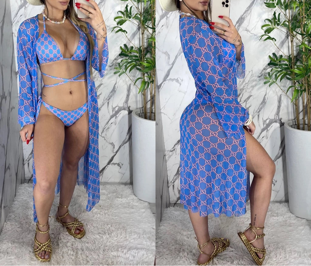 Conjunto Moda Praia Feminino Kimono + Biquini Levanta Bumbum