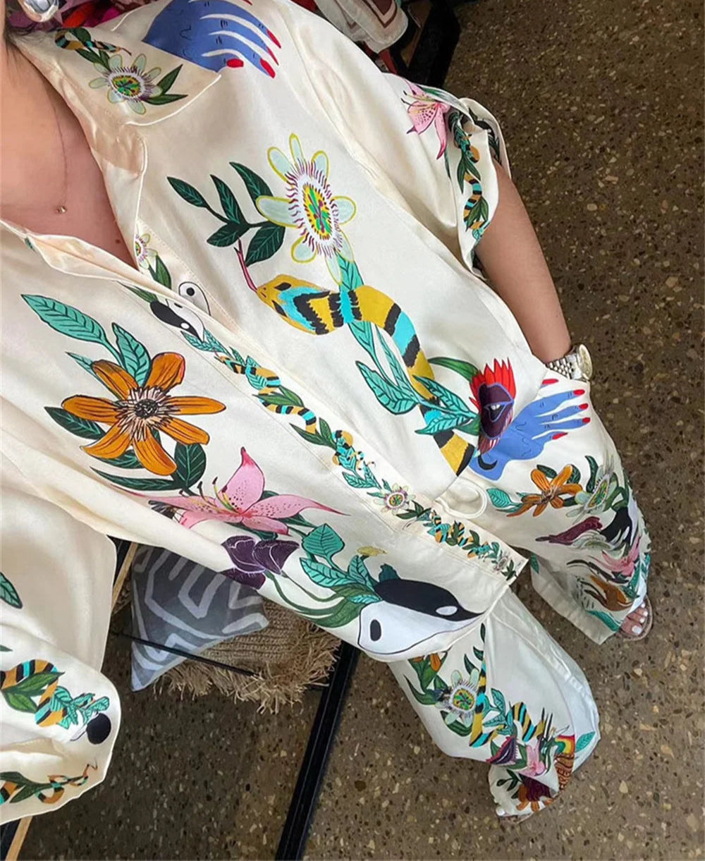 Conjuntos de duas peças elegante estampa floral calças com pernas largas GS Ref: 0101.