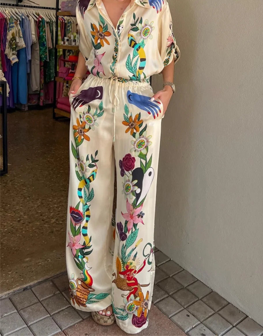 Conjuntos de duas peças elegante estampa floral calças com pernas largas GS Ref: 0101.