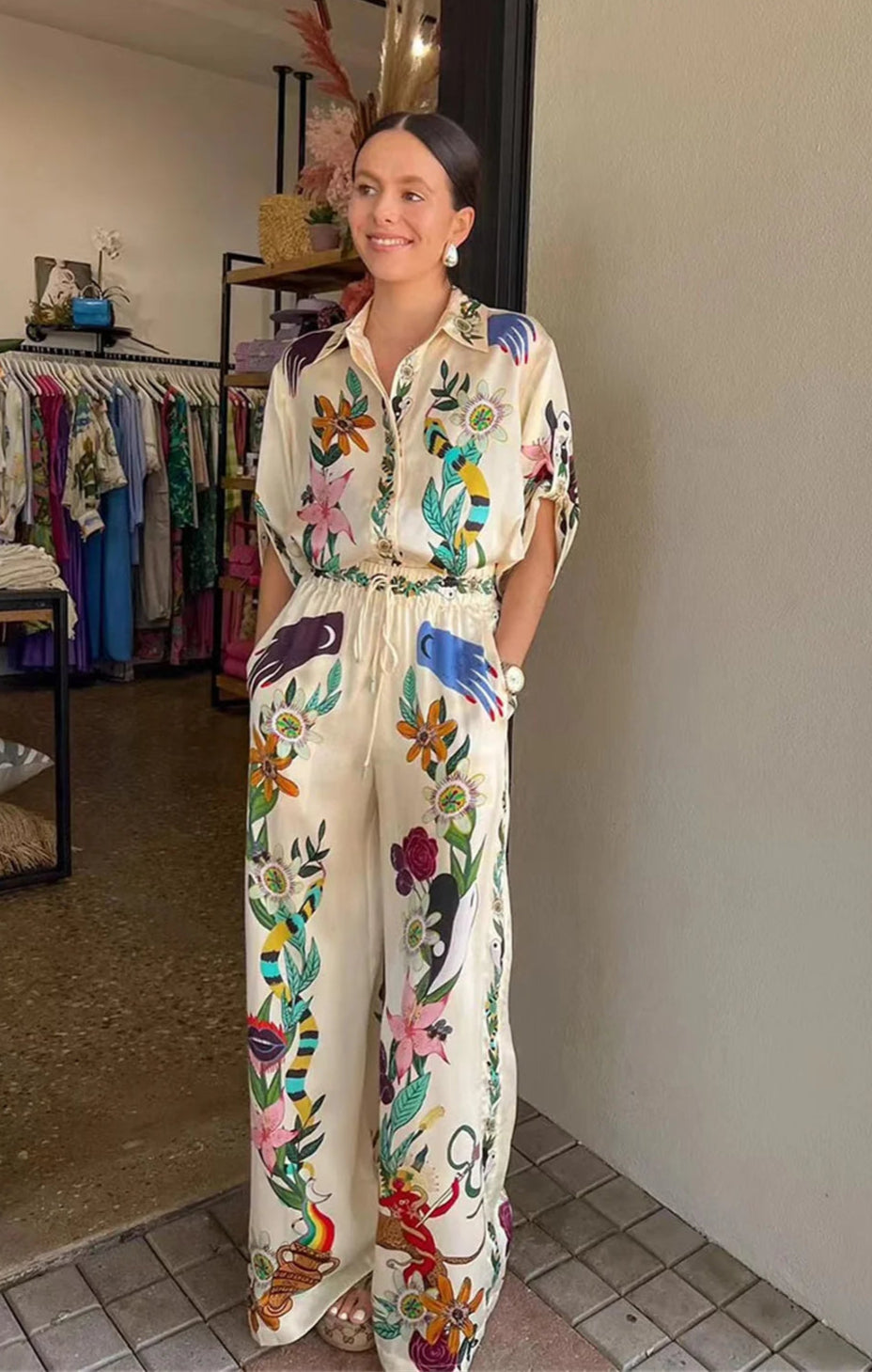Conjuntos de duas peças elegante estampa floral calças com pernas largas GS Ref: 0101.
