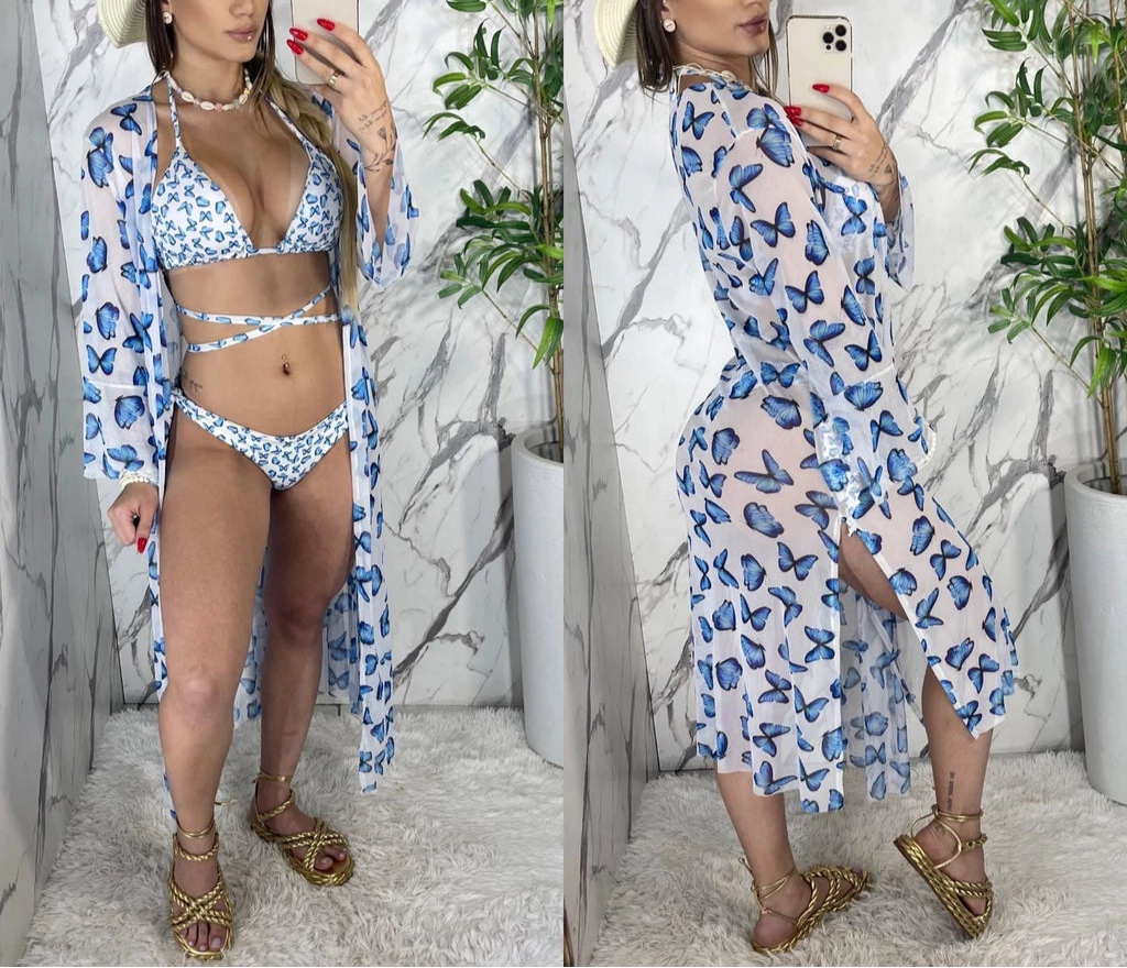 Conjunto Moda Praia Feminino Kimono + Biquini Levanta Bumbum